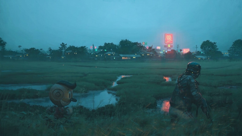 tree, science fiction, nature, real people, uniform, weapon, outdoors, land, growth, s, men, architecture, occupation, Simon Stålenhag, gamers, sky, field