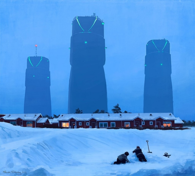 Simon Stålenhag, built structure, covering, nature, snow, day, 480P, frozen, science fiction, no people, sky, building exterior, building, winter, artwork