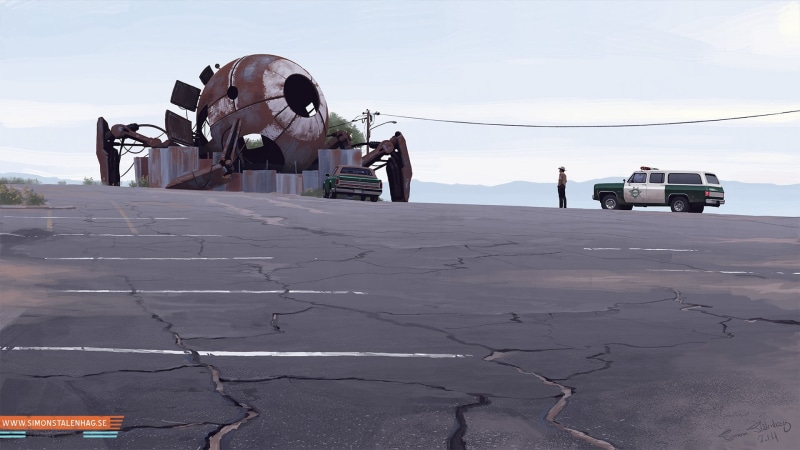 people, Simon Stålenhag, motor vehicle, lifestyles, drawing, sunlight, day, adult, land vehicle, futuristic, real people, suv, transportation, outdoors