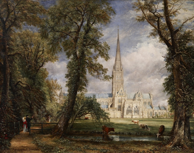 cow, clouds, lake, oil painting, cathedral, park, traditional art, animals, Salisbury, trees, painting, 1080P, artwork, John Constable, couple