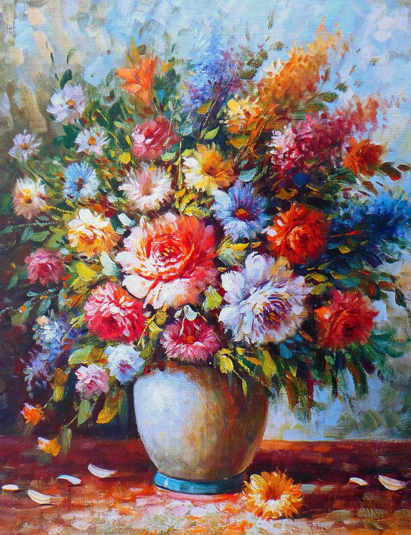 bunch of flowers, outdoors, high angle view, flowers, plant, bouquet, nature, fragility, art, vase, vulnerability, oil painting, beauty in nature, no people