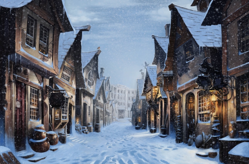 street, travel destinations, building exterior, covering, diagon alley, Movies, winter, outdoors, snowing, no people, 4K, history, extreme weather, day