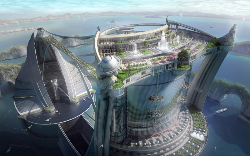 building, gray, science fiction, concept, water, 1080P, digital art, high angle view, futuristic city, outdoors, travel, aerial view, metal, illustration