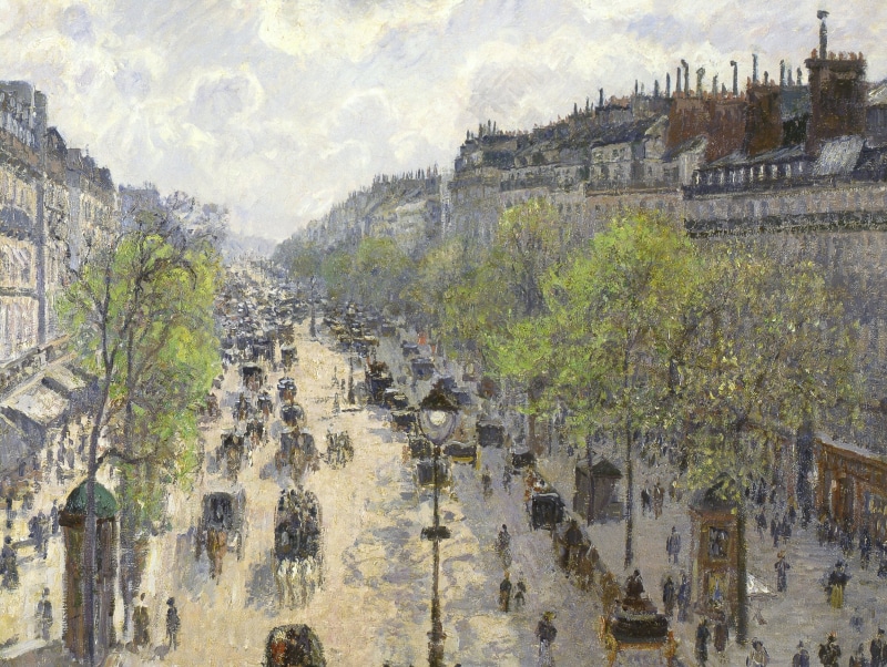 the urban landscape, Camille Pissarro, picture, trees, 2K, The Boulevard Montmartre. Spring, street, home