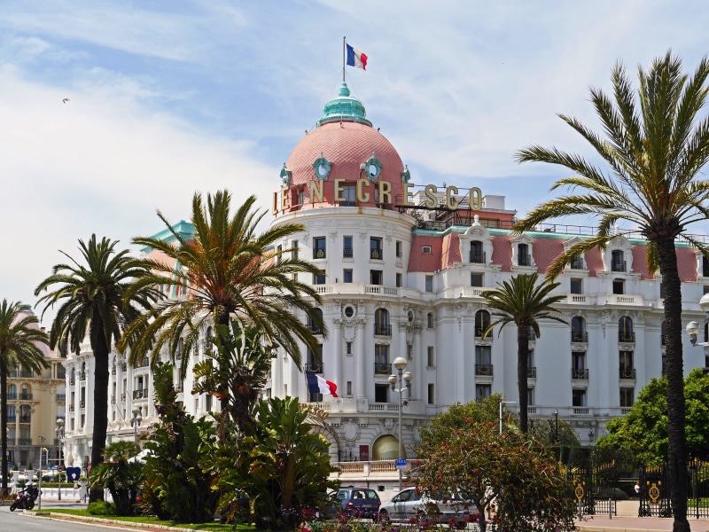 travel, mediterranean, the past, architecture, building exterior, building, day, built structure, tropical climate, le negresco, palm tree, nature, plant