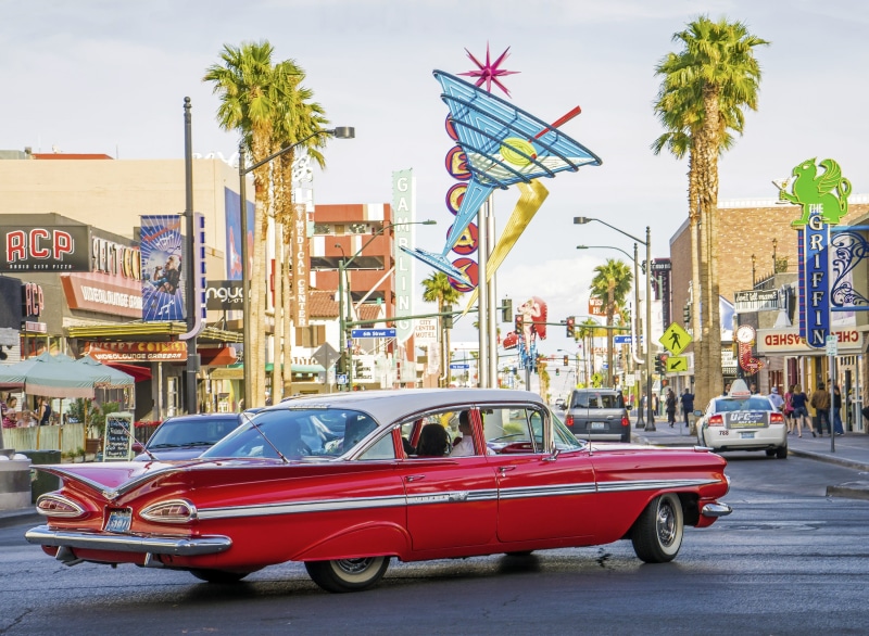 sin city, architecture, outdoors, impala, incidental people, mode of transportation, built structure, palm tree, 1960, south las vegas boulevard, tree