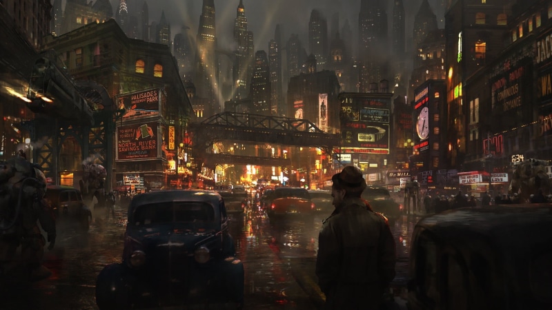 eddie mendoza, street, rear view, city life, 1080P, people, city street, real people, skyscraper, building, land vehicle, city, group of people, fantasy