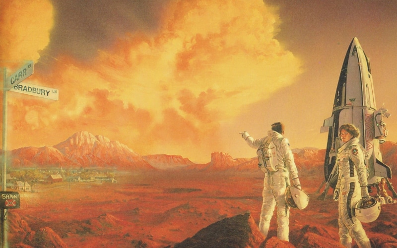 retro science fiction, environment, two, standing, 1080P, landscape, painting, text, science fiction, men, sunset, scenics - nature, government, cloud - sky