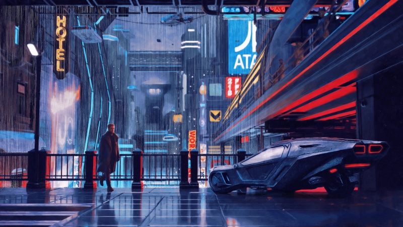 science fiction, Blade Runner, car, blue, red, retro science fiction, cyberpunk, Ryan Gosling, purple, Blade Runner 2049, 4K, Dark Cyberpunk