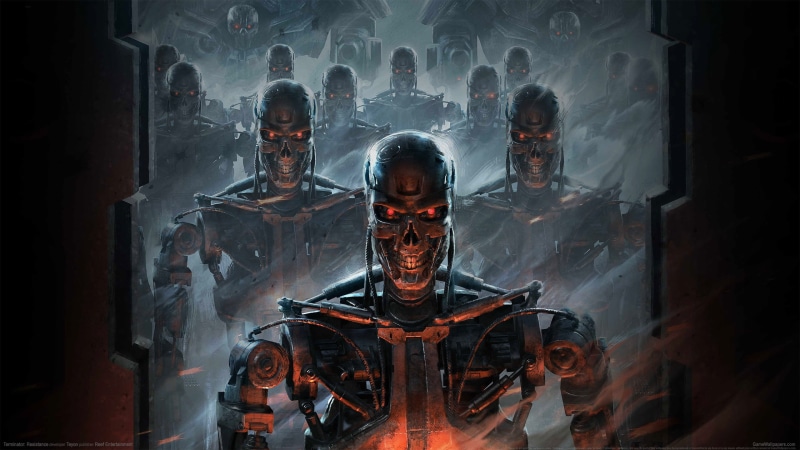 Terminator, red, Terminator 2, 2K, skeleton, endoskeleton, door, orange, science fiction, retro science fiction