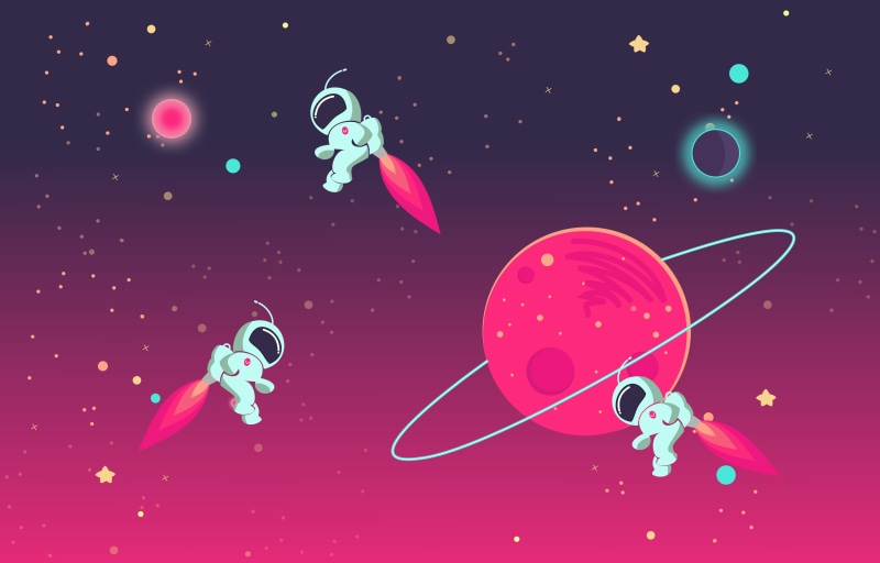 cute, moon, pink color, illustration, outerspace, activity, saturn, red, planets, astronaut, galaxy, spaceman, space, rings, multi colored, creativity