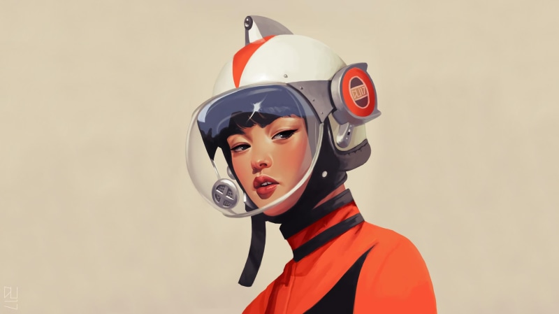futuristic, astronaut, 2K, vintage, Daniela Uhlig, space suit, Retro style, illustration, retro science fiction, digital art, artwork