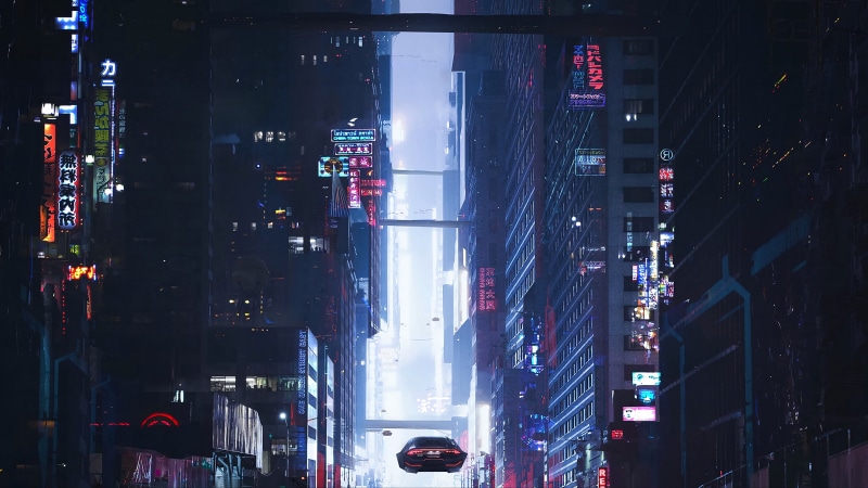 retro science fiction, science fiction, city, flying, neon, blue, flying car, 4K, cyberpunk