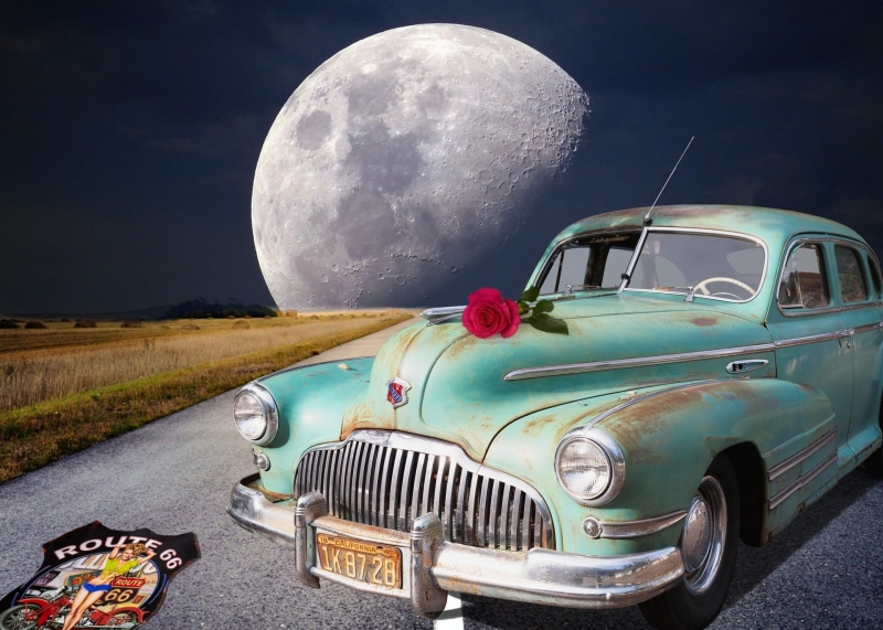 space, moonlight, street scene, nature, evening sky, car, luna, veteran, star, blood moon, full moon, vintage car, abstract, rusted, ache, motor vehicle