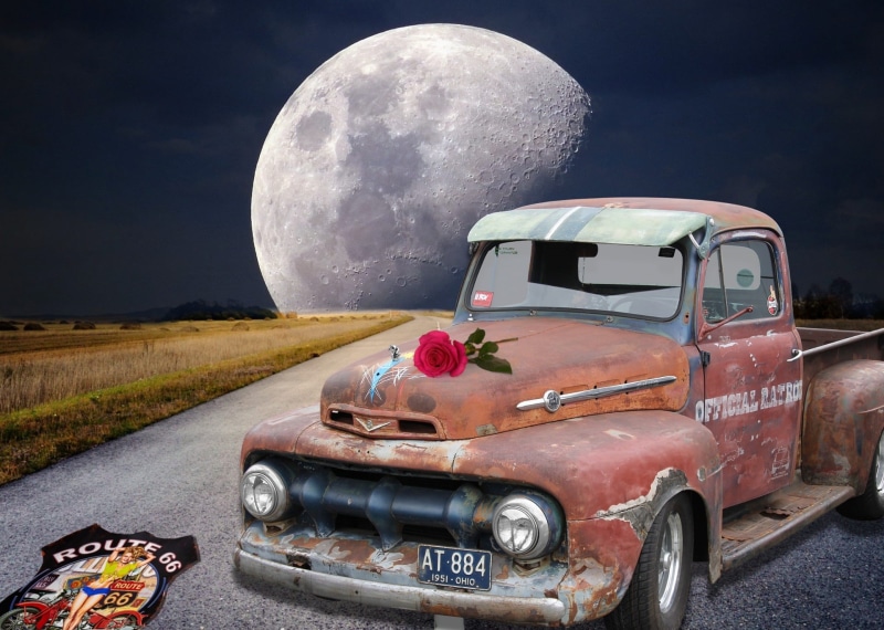 pickup, Classic, star, crom, abendstimmung, Oldtimer, darkness, lighting, route 66, earths moon, astronomy, twilight, pkw, red rose, sky, vintage car, metal sign
