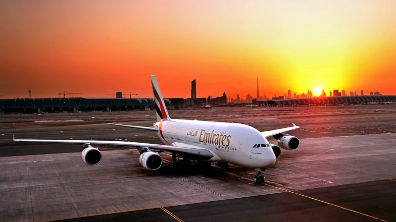 The sun, engine, people Traveling, emirates, aircraft wing, dusk, commercial Airplane, flying, leaving, airport Runway, white, mode of transportation, aerospace Industry