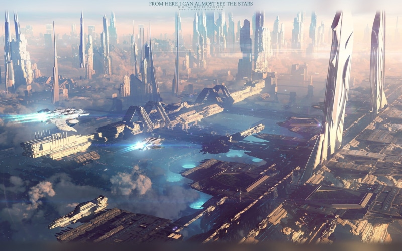 transportation, skyscraper, digital, digital art, office building exterior, science fiction, futuristic city, sunlight, outdoors, nature, artwork