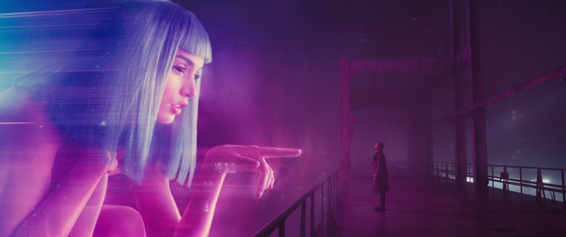 Ana de Armas, Joi, Officer K, Futuristic, Finger pointing, Eye Contact, Coats, Blade Runner 2049, bridge, Neon glow, Blue Hair, cyberpunk, Hologram, Blade Runner