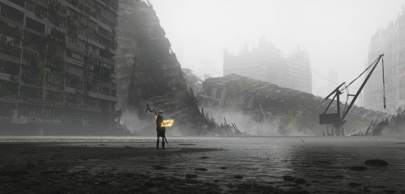 building, minimalism, android games, fan art, Nier: Automata, games art, male models, outdoors, real people, fog, building exterior, cyber, nature, water