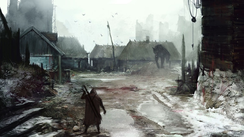 Geralt of Rivia, wet, outdoors, building exterior, standing, rainy season, city, built structure, glass - material, wolf, painting, rain, day, real people