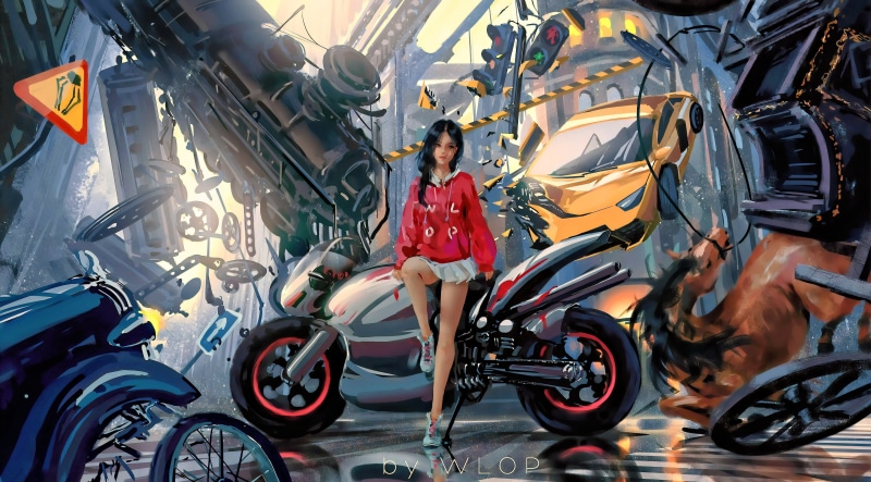 car, girl, fantasy art, concept art, fantasy, motorcycle, science fiction, city, futuristic, artwork, digital art, carriage, sci-fi, brunette, cyberpunk