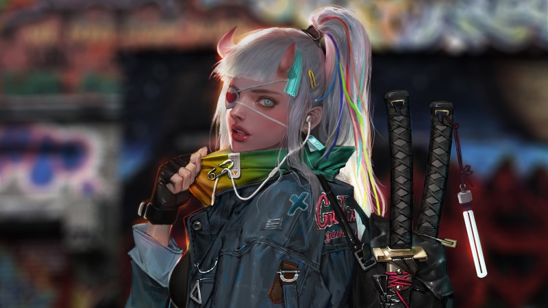 Ponytail, 4K, Sci Fi, Cyberpunk, Eye Patch, White Hair, Woman Warrior, Girl