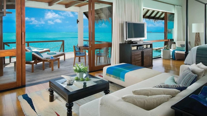 white, black, set, private, water, lagoon, beach, maker, bungalow, atoll, wooden, dresser, luxury, resort, brown, room, inside, paradise, fabric, four