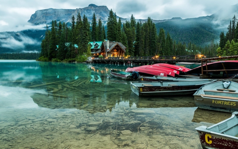 forest, waterfront, Banff National Park, mountain, house, water, beauty in nature, plant, tranquil scene, boat, sky, mountains, tree, landscape, trees