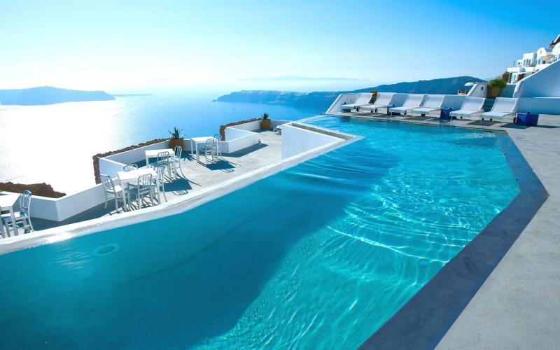 blue, mountains, sky, wealth, travel destinations, water, chair, no people, transportation, infinity, 1080P, nautical vessel, pool, day, turquoise colored