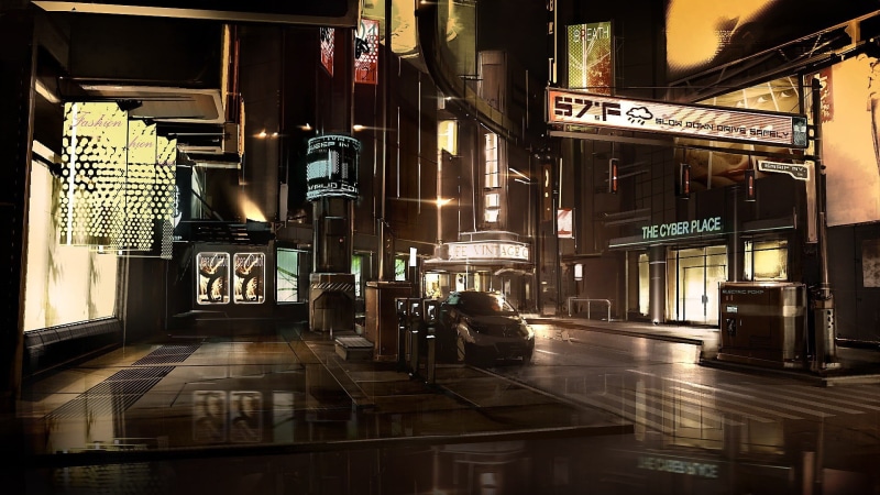 illuminated, built structure, lighting equipment, street, night, science fiction, architecture, cyberpunk, cityscape, direction, car, building, building exterior
