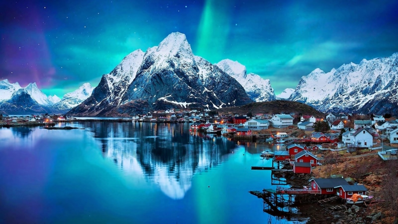 4K, reflection, snow, adventure, reine, stars, europe, norway, houses, lofoten islands, travel, muntains, tourist attraction, night lights, mirror, bucket list