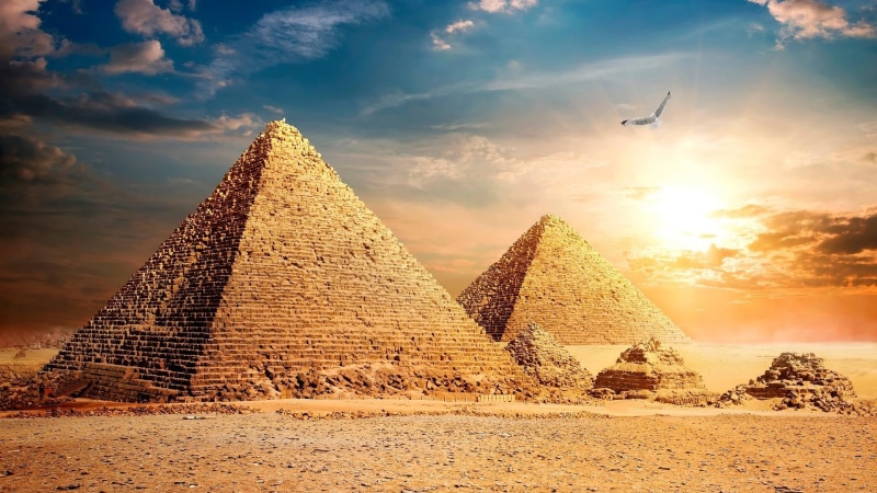 digital art, built structure, pyramid, city, egypt, history, landscape, wonders of the world, travel destinations, tourism, architecture, nature, no people