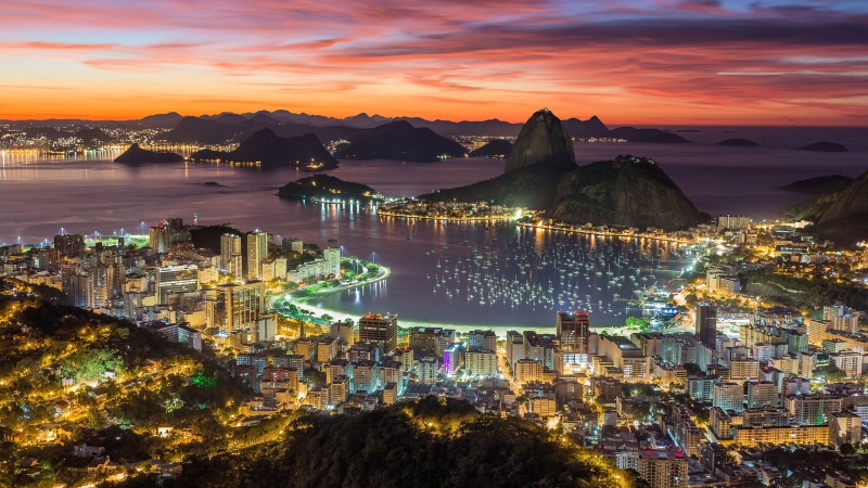 morning, bay, skyline, botafogo beach, sunrise, cityscape, sea, sugar loaf mountain, tourist attraction, south america, 4K, harbor, rio de janeiro, city lights