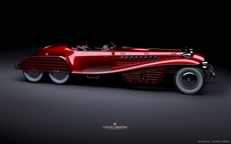vehicle, classic, black background, render, mode of transportation, reflection, speed, vintage car, no people, indoors, transportation, chrome, Marvel Comics