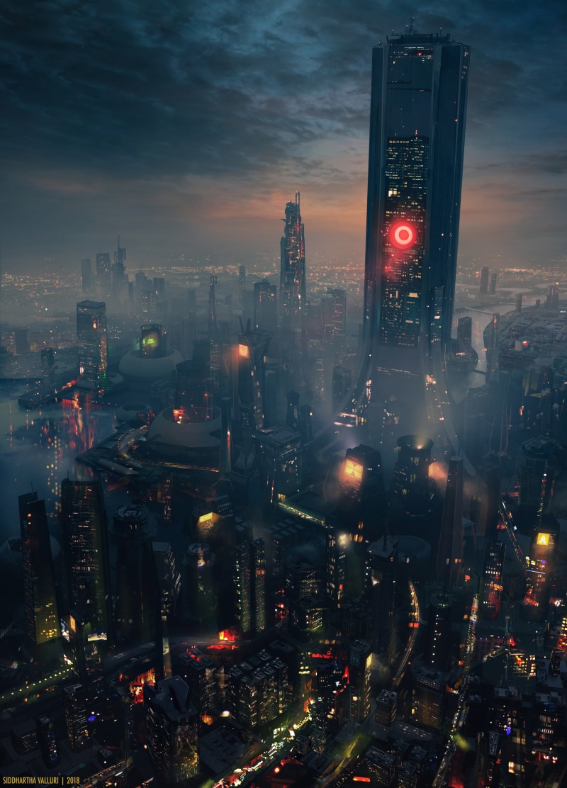 science fiction, portrait display, 2K, building, artwork, concept art, cityscape, Siddhartha Valluri, city, digital, futuristic, cyberpunk, smoke, architecture