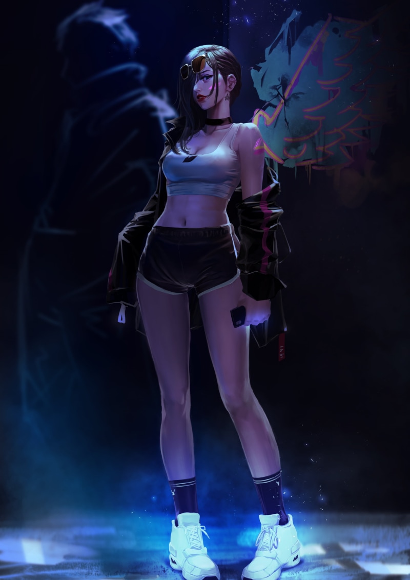 Allen Hsieh, belly, cleavage, jacket, women, red lipstick, socks, anime, sparks, depth of field, cyberpunk, anime girls, 2K, drawing, tattoo, glowing