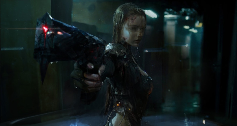 digital art, cyberpunk, women, gun, dark, cyborg, 1080P, rain