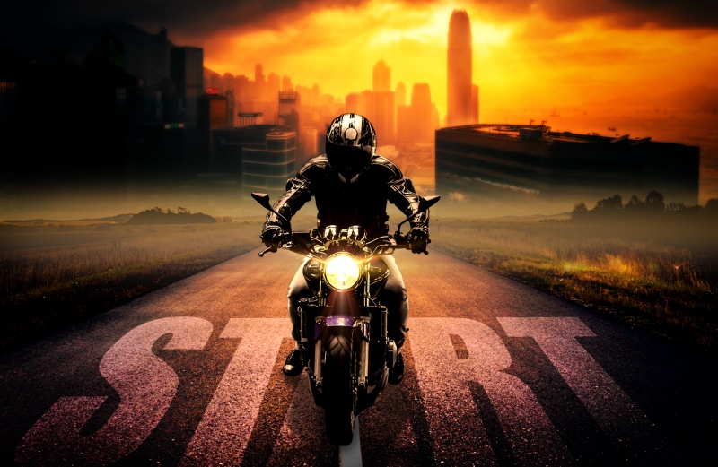 photoshop, building exterior, rear view, mode of transportation, road, 8K, biker, one person, bike, real people, city, headwear, sky, ride, black, built structure