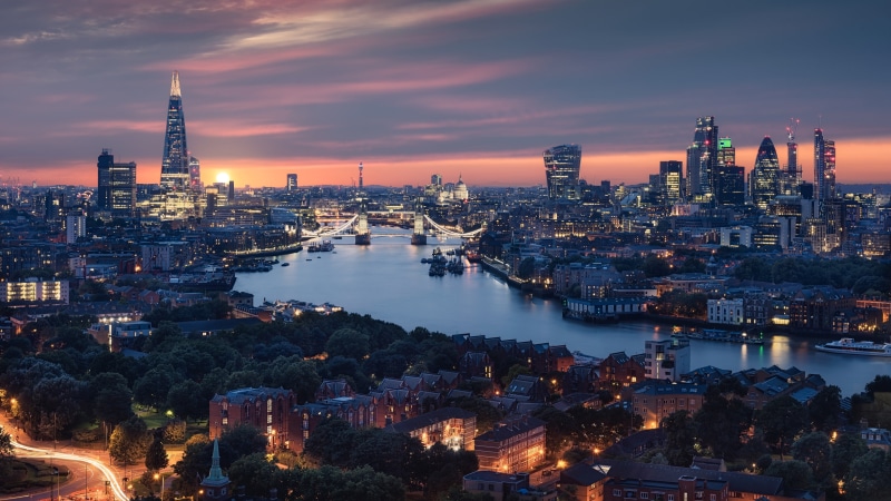 skyline, metropolis, united kingdom, cityscape, evening, dusk, europe, 4K, city, london, reflection, sky, waterway, sunset
