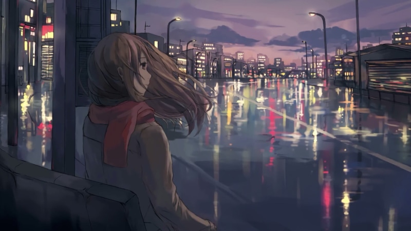 metropolis, hairstyle, building exterior, adult, night, lifestyles, river, standing, sky, long hair, drawing, illuminated, real people, reflection, water