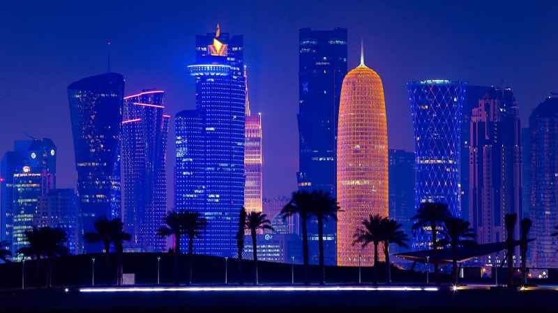 illuminated, landmark, 1080P, blue, built structure, financial district, qatar, building, night, no people, downtown, office building exterior, landscape