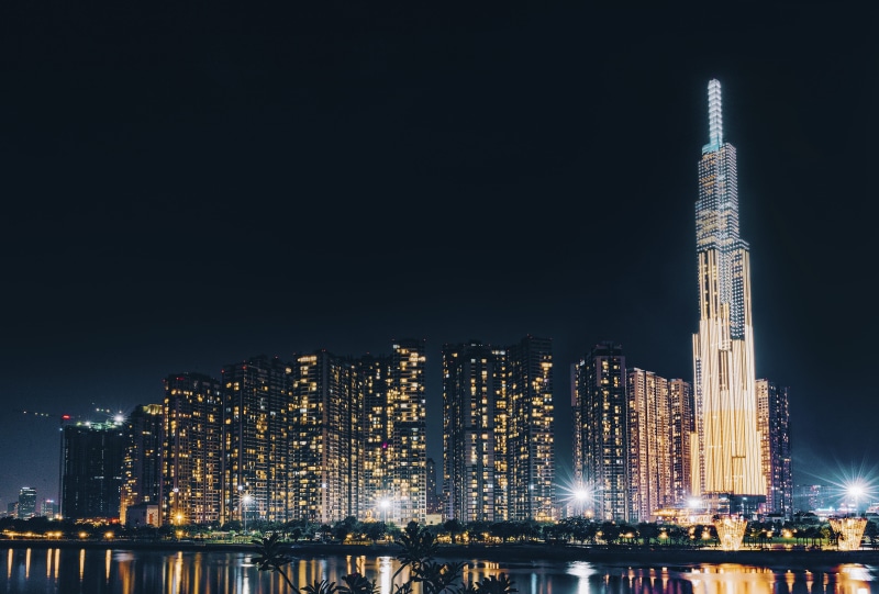building exterior, skyscrapper, city, vinhomes, building, metropolis, tall - high, hochiminhcity, riverside, architecture, no people, long exposure, nightlife
