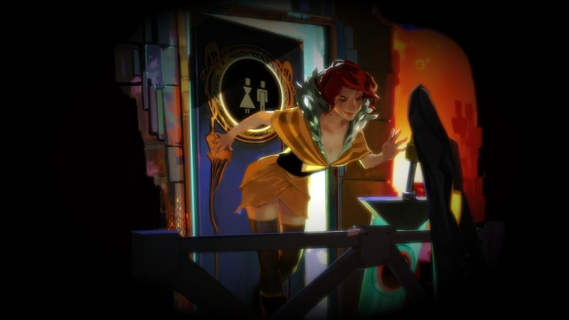 architecture, Transistor, Red (Transistor), character, standing, indoors, female, black, 1080P, male likeness, belief, art and craft, spirituality, yellow