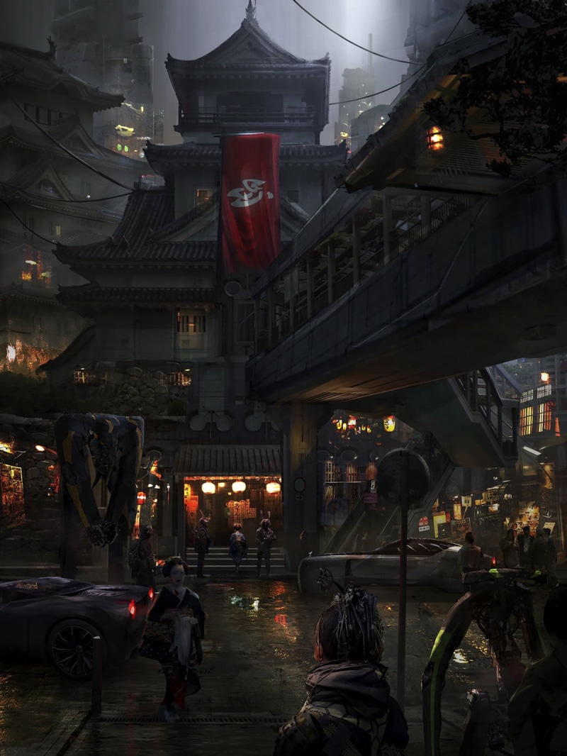 motor vehicle, night, artwork, 720P, street, futuristic city, incidental people, cyberpunk, concept art, transportation, building, people, land vehicle