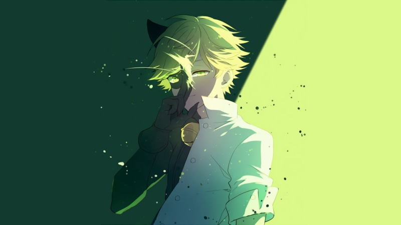 colored background, motion, waist up, standing, one person, built structure, Cat Noir (Miraculous Ladybug), abstract, creativity, green color, young adult