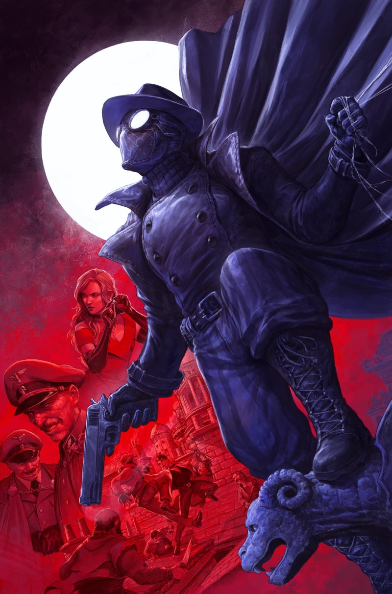 men, mask, Dave Rapoza, women, drawing, 1080P, Spiderman Noir, Moon, gun, comic art, Spider-Man