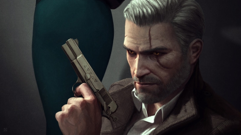 aggression, weapon, noir, digital art, indoors, headshot, business, dark, Geralt of Rivia, close-up, well-dressed, holding, men, man, males