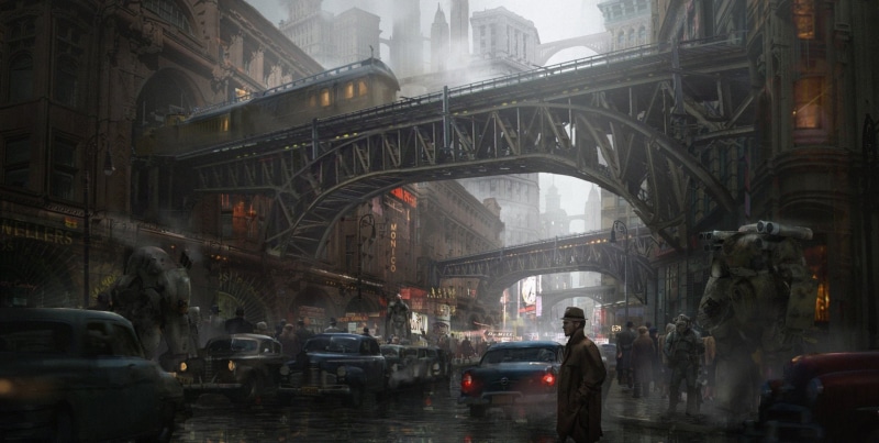 bridge, City, Sci Fi, built structure, People, incidental people, mode of transportation, motor vehicle, land vehicle, Car, outdoors, Robot, travel, road