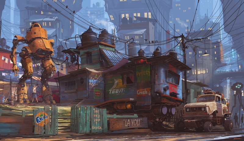 Fantasy, Dieselpunk, City, The universe of junk, Alternative Universe, Machine, Building, Universo Chatarra, World, The city, Auto, Drawing, Art, 1080P