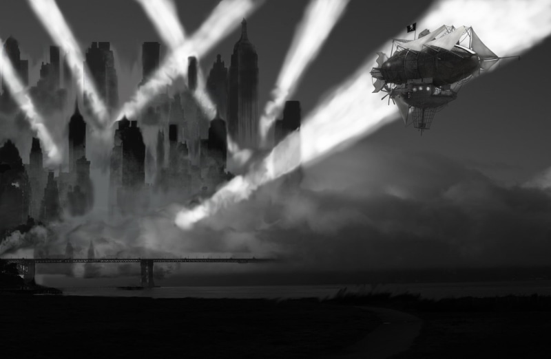 mist, city, airships, steampunk, dieselpunk, spotlights, 720P